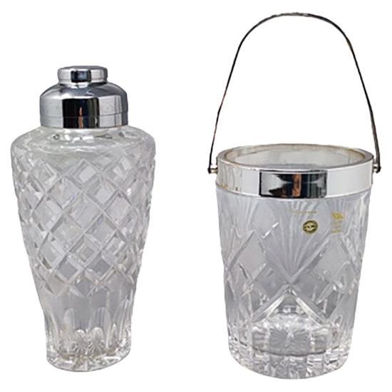 1960s Gorgeous Cut Crystal Cocktail Shaker with Ice Bucket Made in Italy For Sale