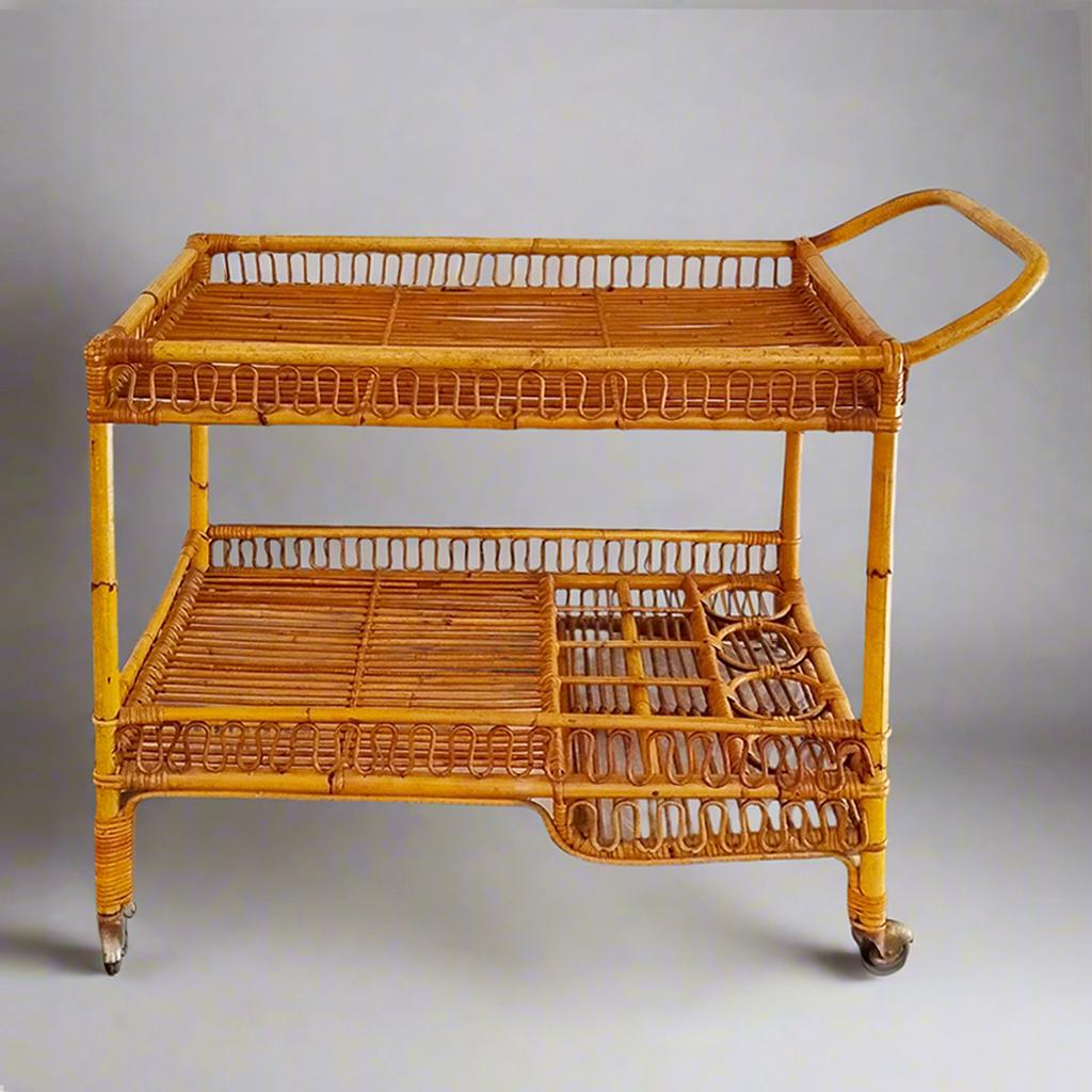 Mid-Century Modern 1960s Gorgeous and Elegant Serving Bar Cart in Bamboo & Rattan by Franco Albini