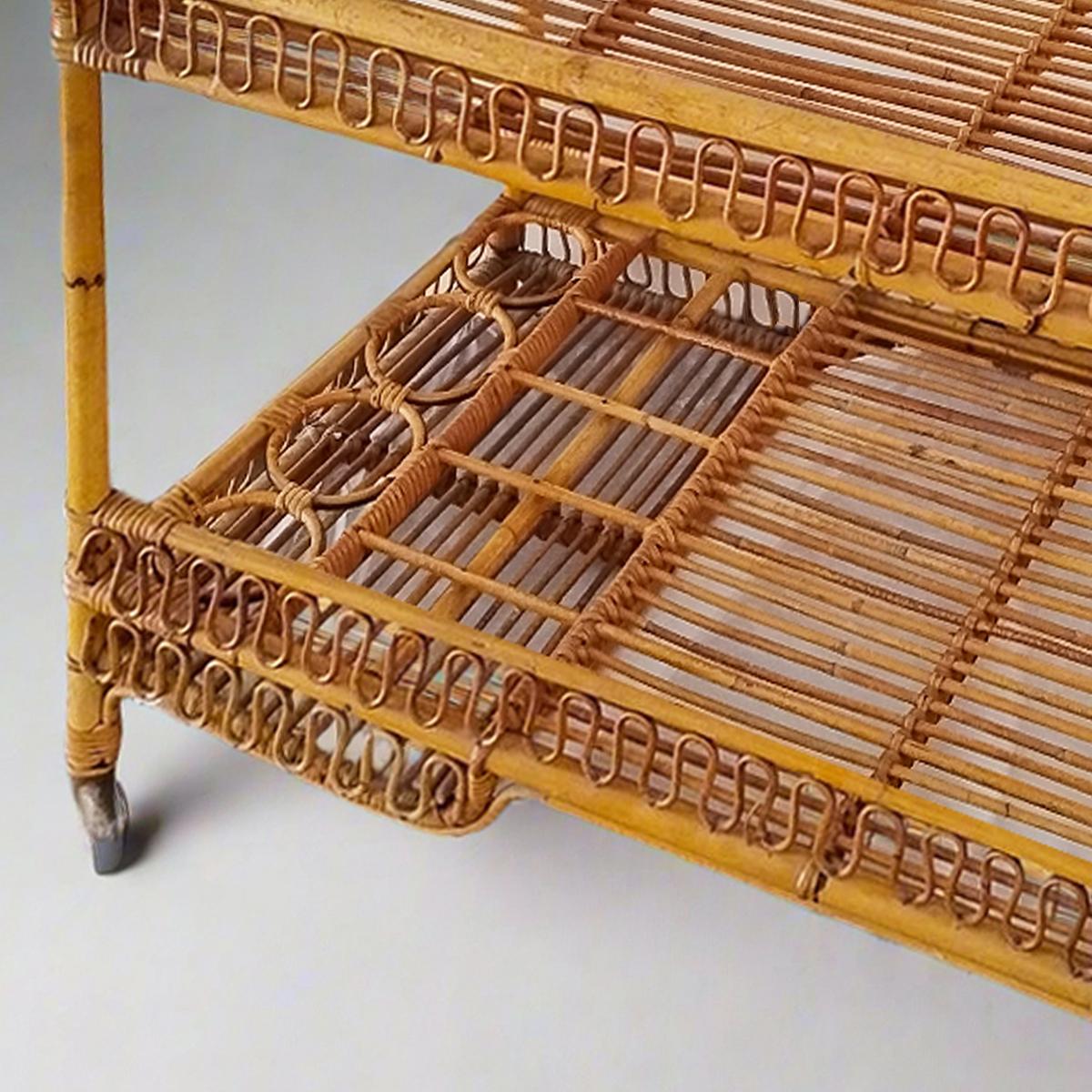 1960s Gorgeous and Elegant Serving Bar Cart in Bamboo & Rattan by Franco Albini 3