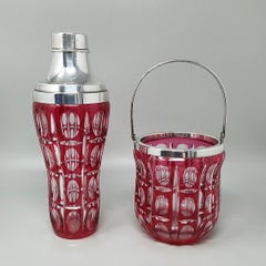 1960s Gorgeous Red Bohemian Cut Crystal Glass Cocktail Shaker With Ice Bucket.