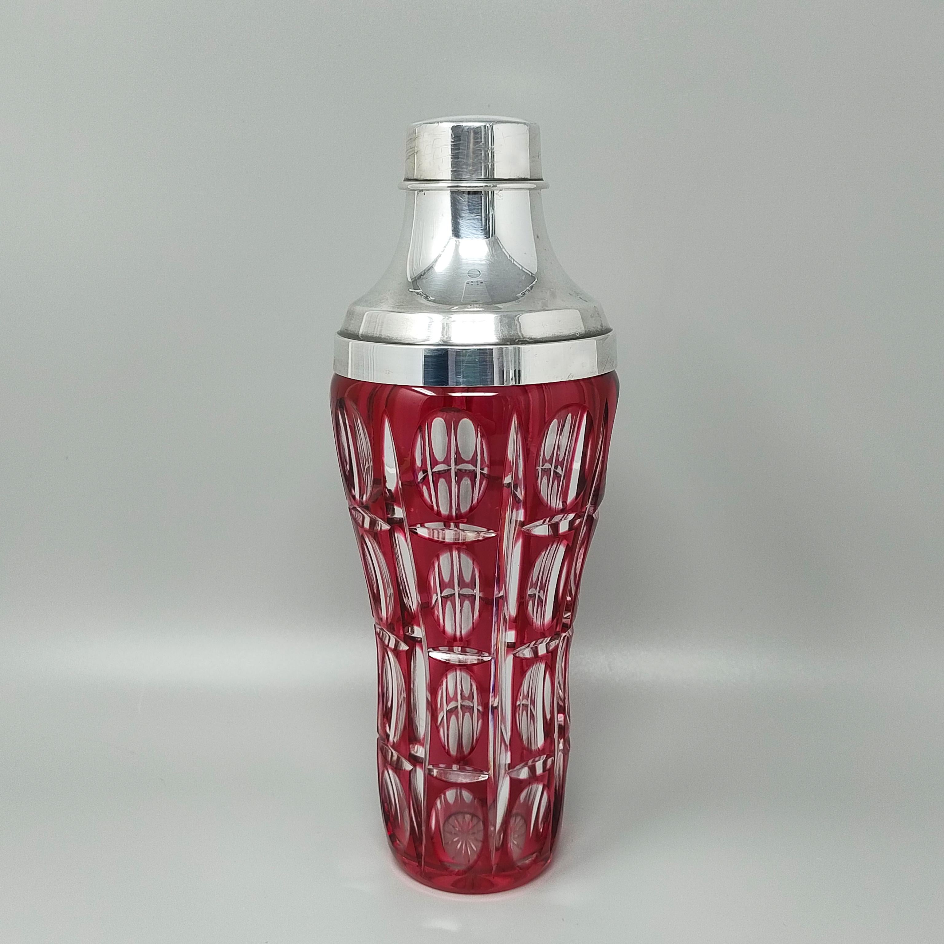 Mid-Century Modern 1960s Gorgeous Red Bohemian Cut Crystal Glass Cocktail Shaker With Ice Bucket. For Sale