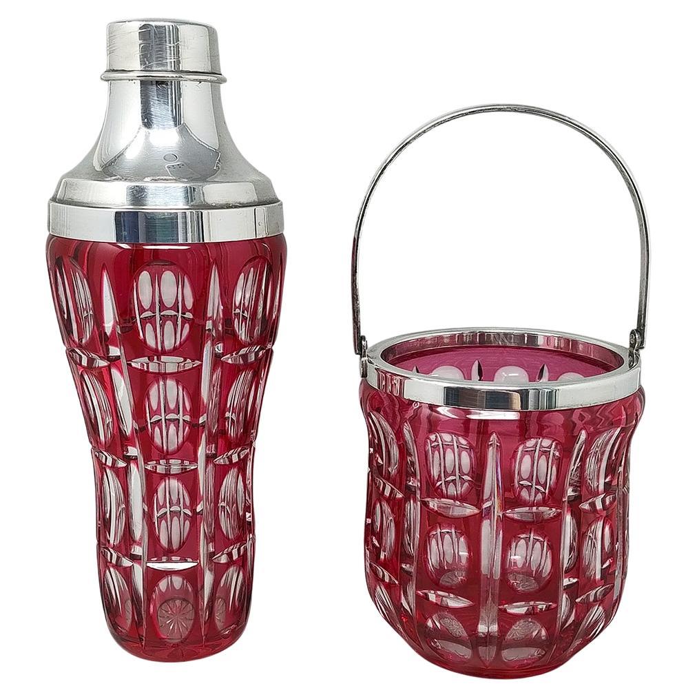 1960 Gorgeous Red Bohemian Cut Crystal Cocktail Shaker with Ice Bucket.