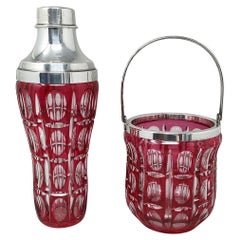 1960s Gorgeous Red Bohemian Cut Crystal Glass Cocktail Shaker With Ice Bucket.