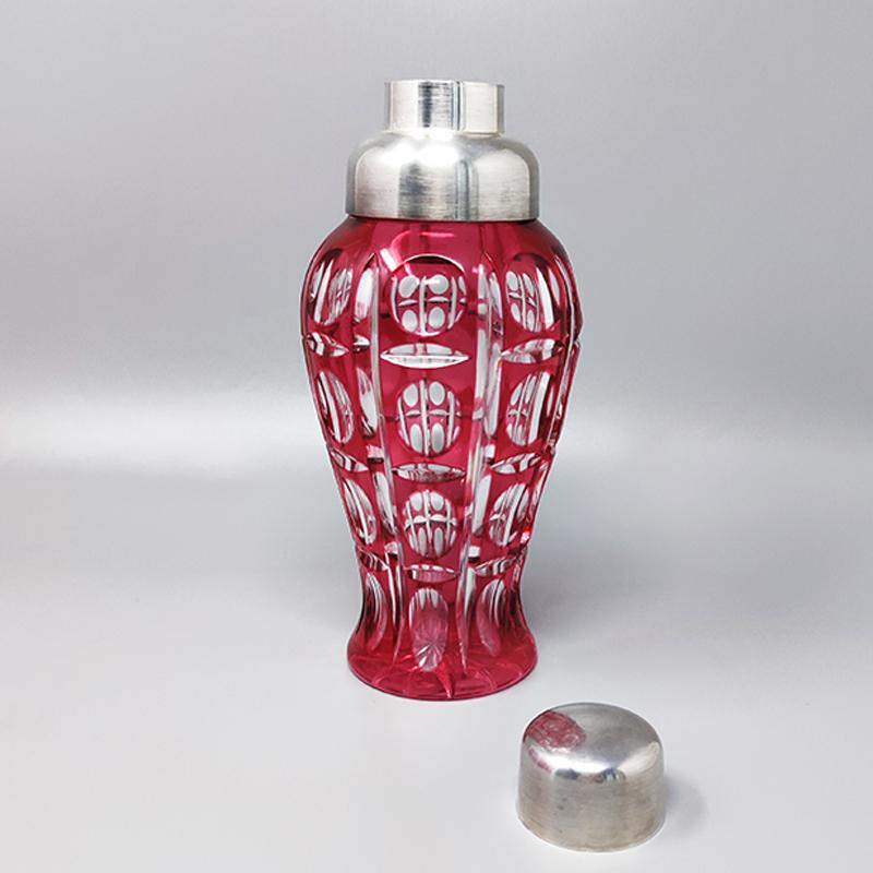Italian 1960s Gorgeous Red Bohemian Cut Crystal Glass Cocktail Shaker with Six Glasses.