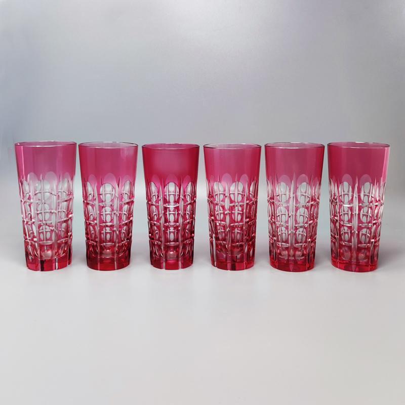 Mid-20th Century 1960s Gorgeous Red Bohemian Cut Crystal Glass Cocktail Shaker with Six Glasses.