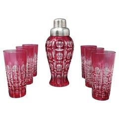 1960s Gorgeous Red Bohemian Cut Crystal Glass Cocktail Shaker with Six Glasses.