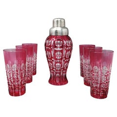 Retro 1960s Gorgeous Red Bohemian Cut Crystal Glass Cocktail Shaker with Six Glasses. 