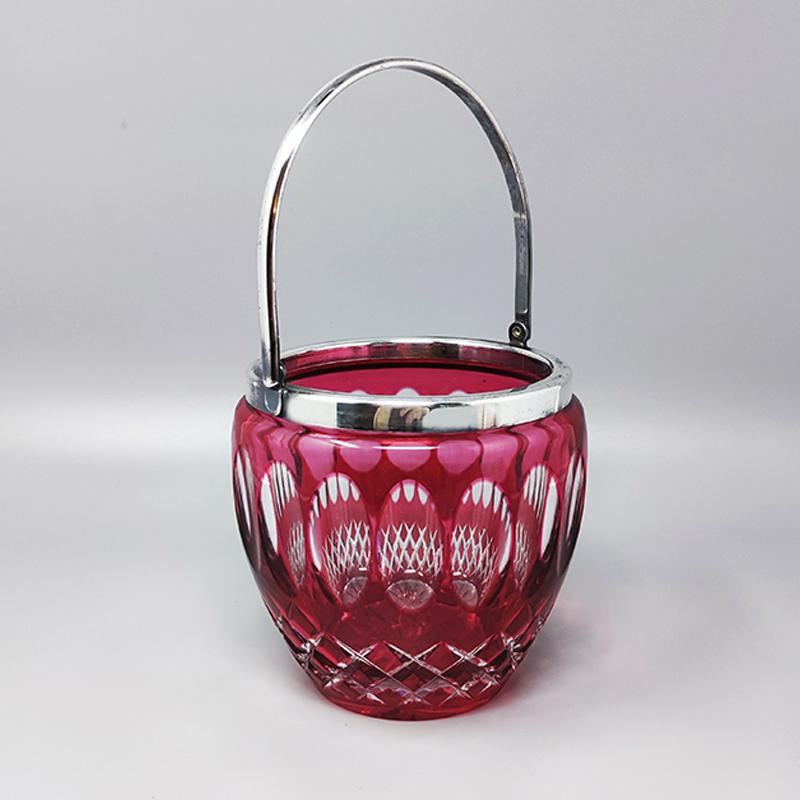 Mid-Century Modern 1960s Gorgeous Red Bohemian Cut Crystal Glass Ice Bucket. Made in Italy For Sale