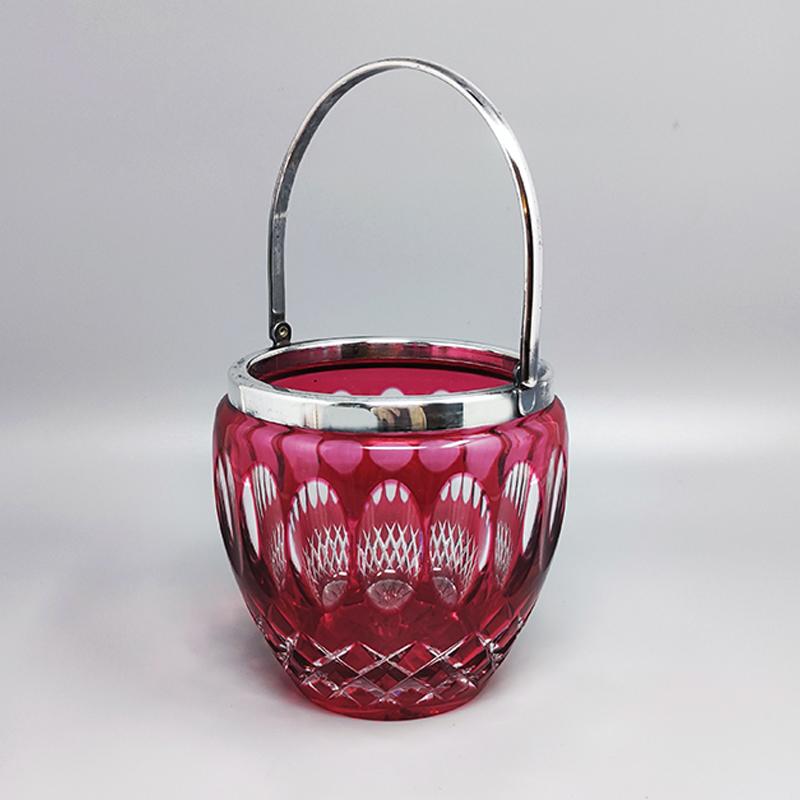 Italian 1960s Gorgeous Red Bohemian Cut Crystal Glass Ice Bucket. Made in Italy For Sale