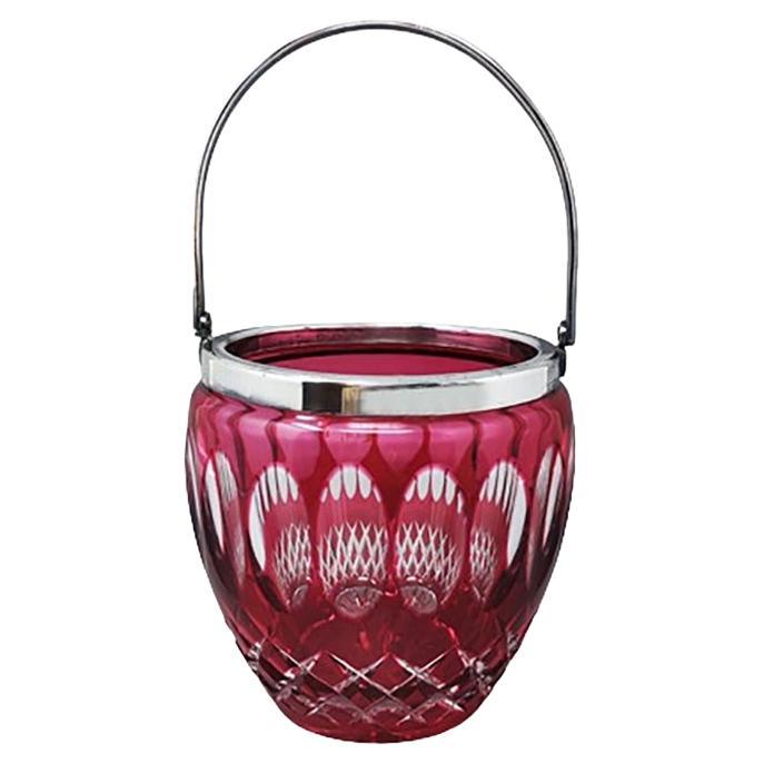 1960s Gorgeous Red Bohemian Cut Crystal Glass Ice Bucket. Made in Italy