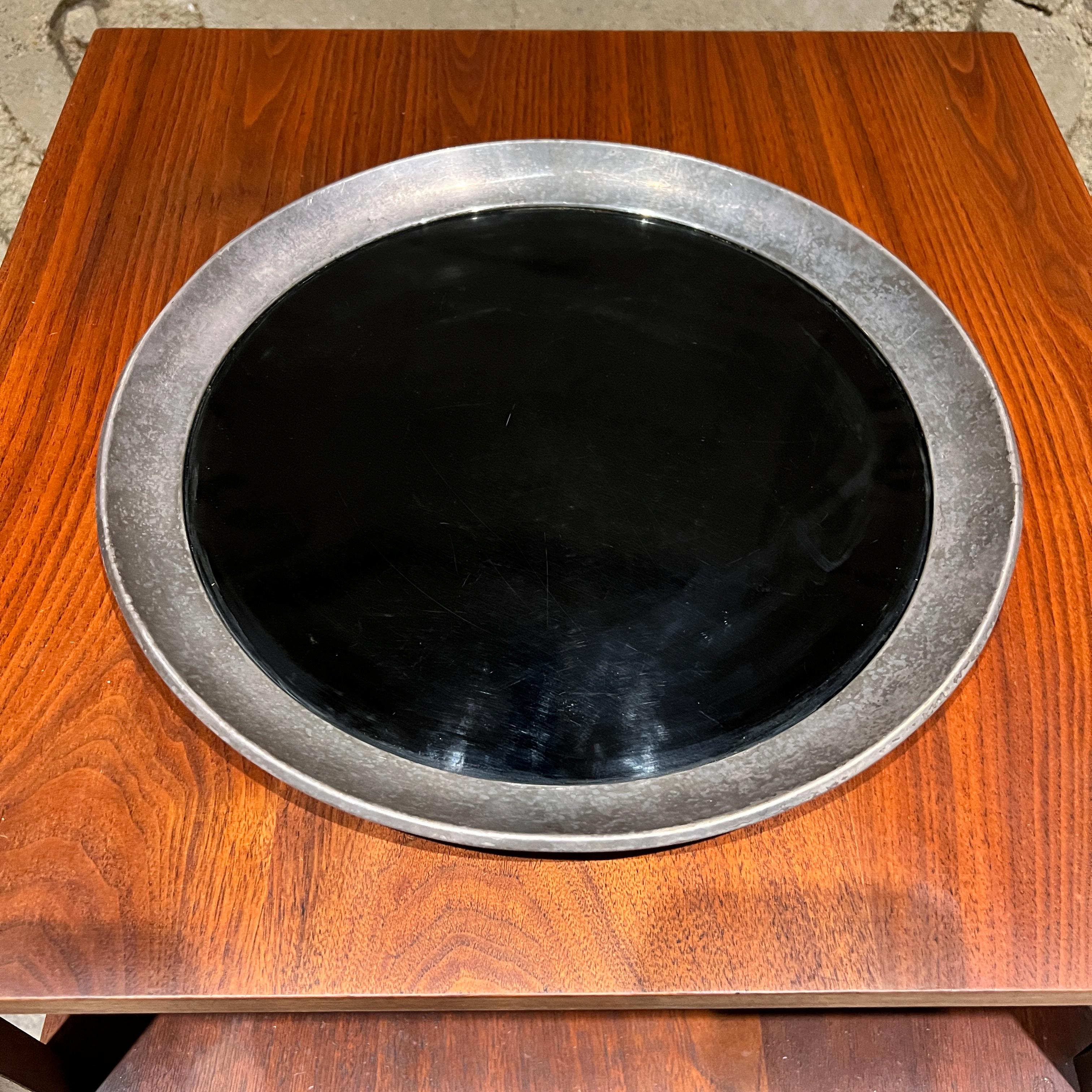 Mid-Century Modern 1960s Gorham Round Service Tray Silverplate Black Formica For Sale