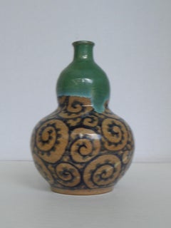 1960s Gourd Shape Stoneware Vase Oribe Pottery Japan