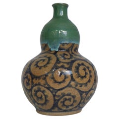 1960s Gourd Shape Stoneware Vase Oribe Pottery Japan