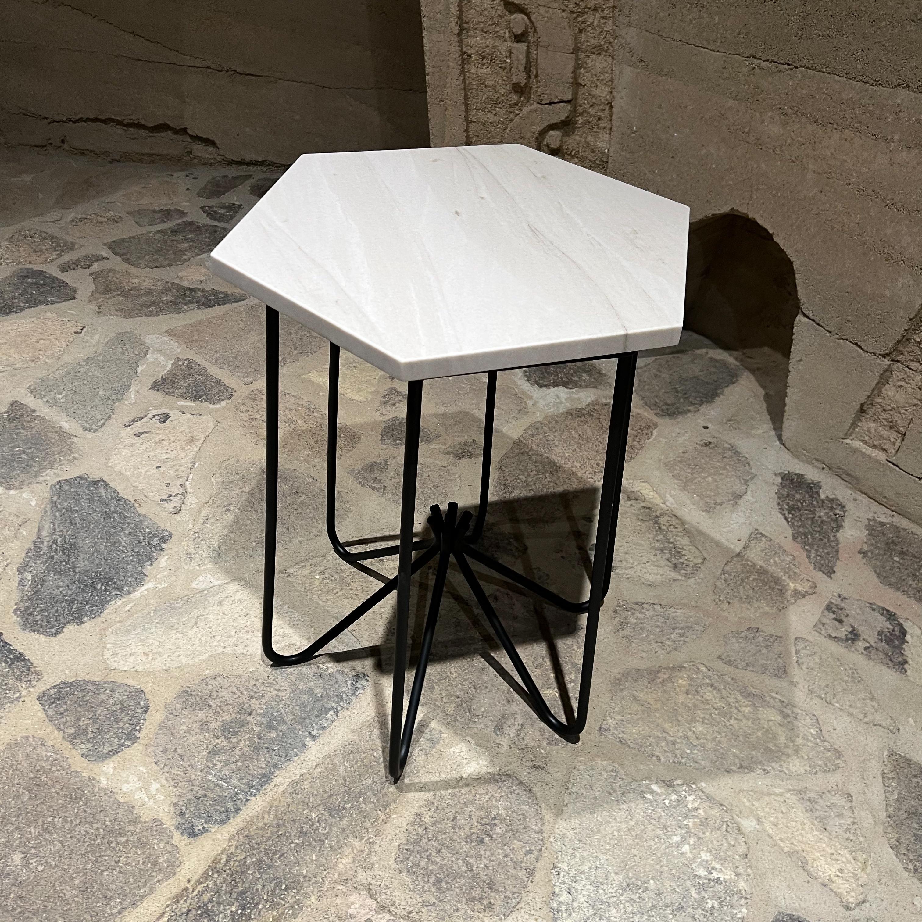 1960s French Side Table Hexagonal Stone Black Iron For Sale 1