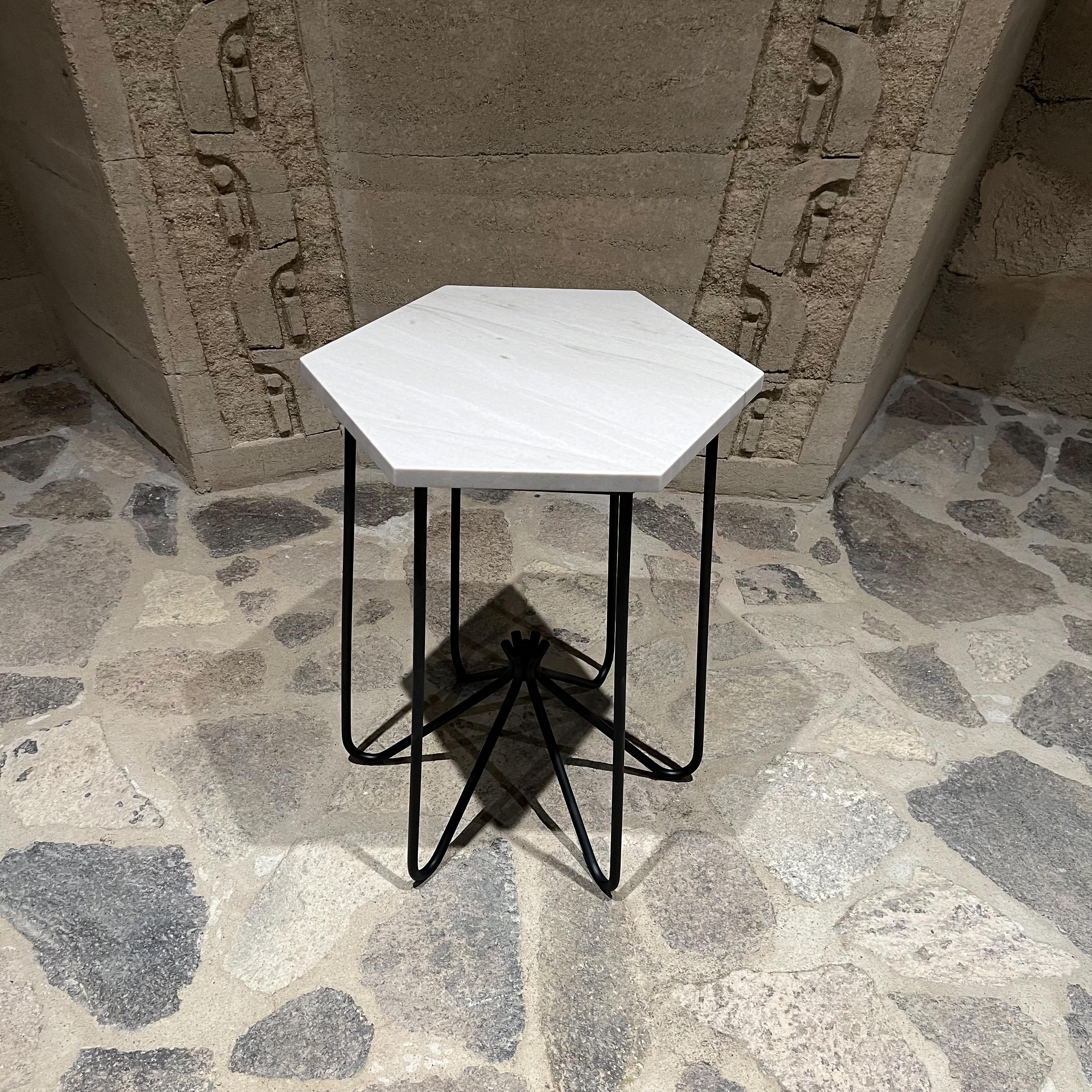 1960s French Side Table Hexagonal Stone Black Iron For Sale 2