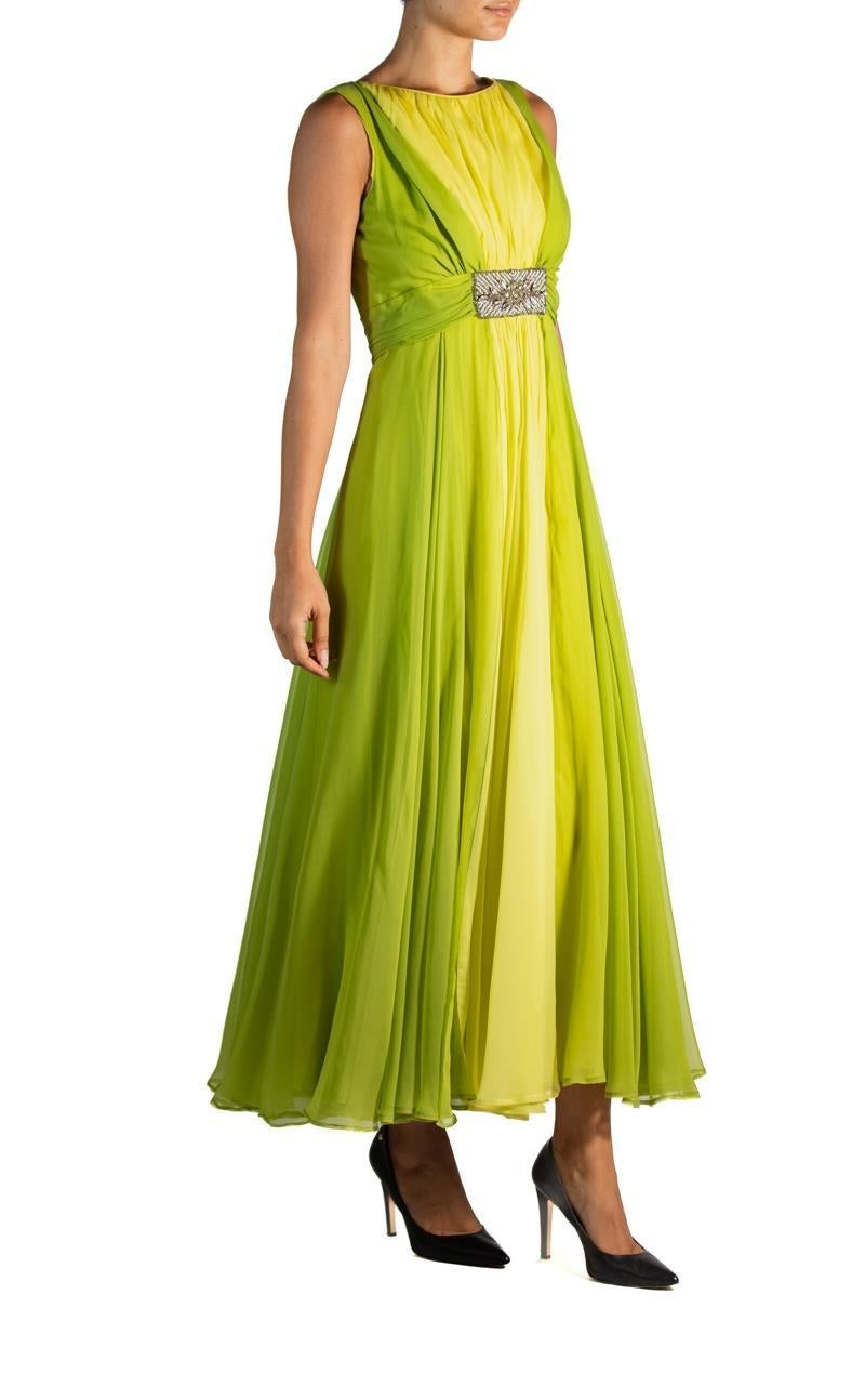 1960S Grass Green Silk Chiffon Gown With Beaded Belt For Sale 6