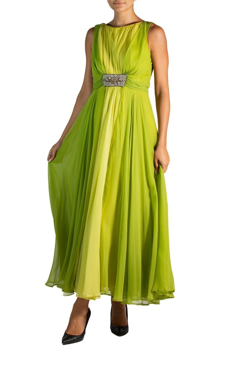 1960S Grass Green Silk Chiffon Gown With Beaded Belt For Sale 7