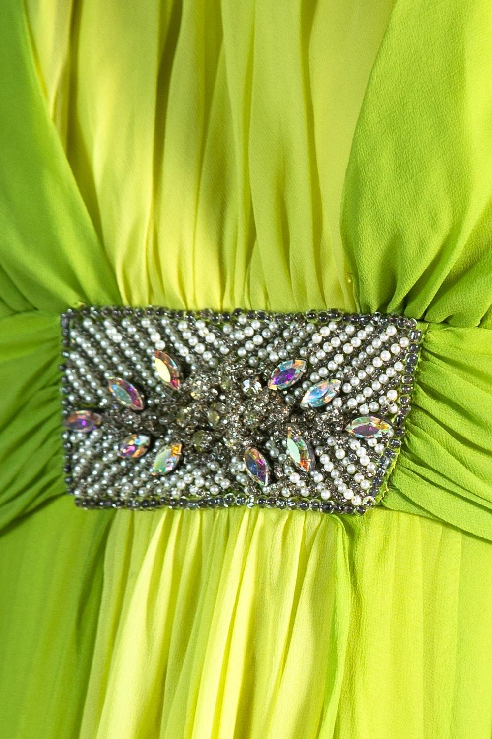 1960S Grass Green Silk Chiffon Gown With Beaded Belt For Sale 8