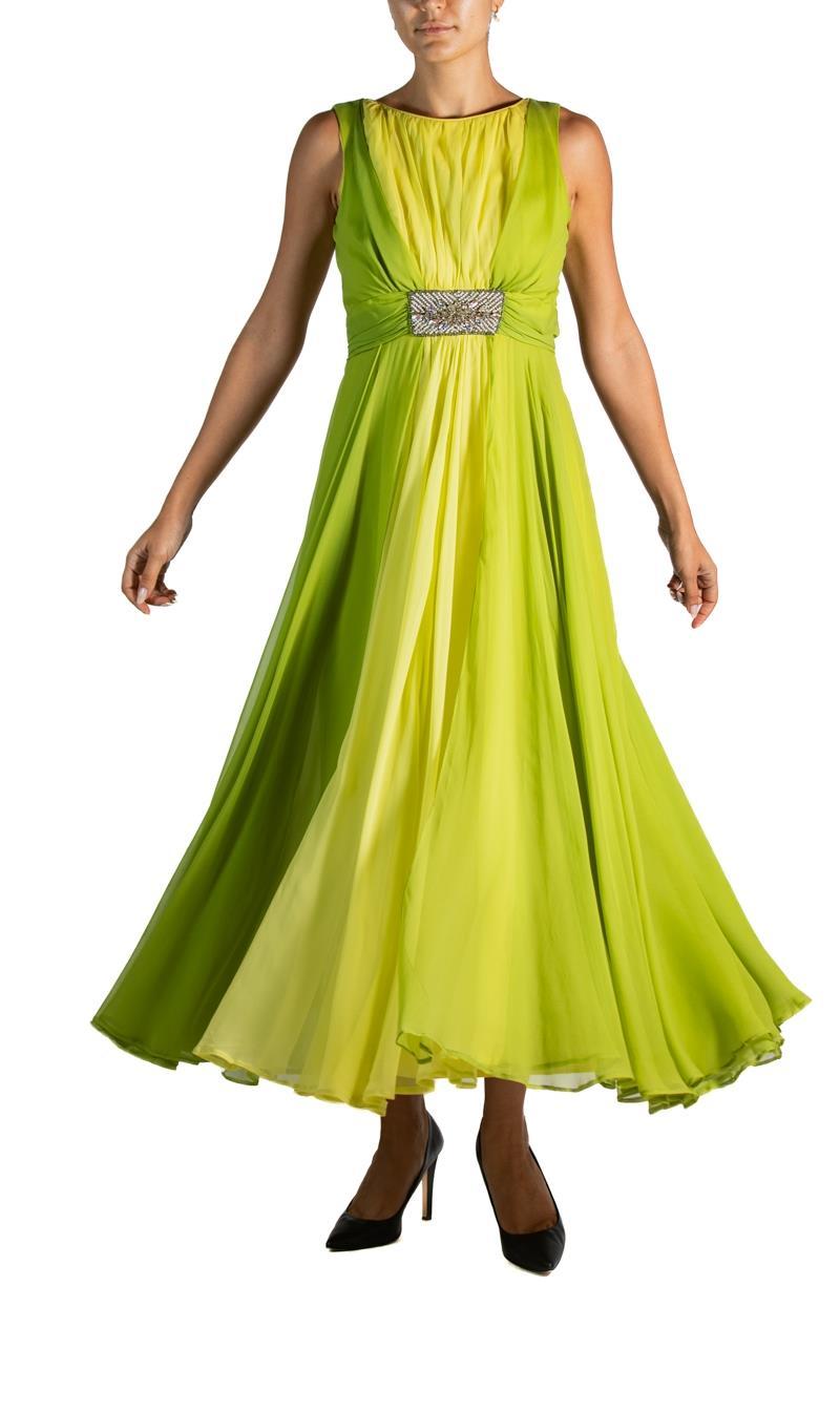 1960S Grass Green Silk Chiffon Gown With Beaded Belt For Sale 9