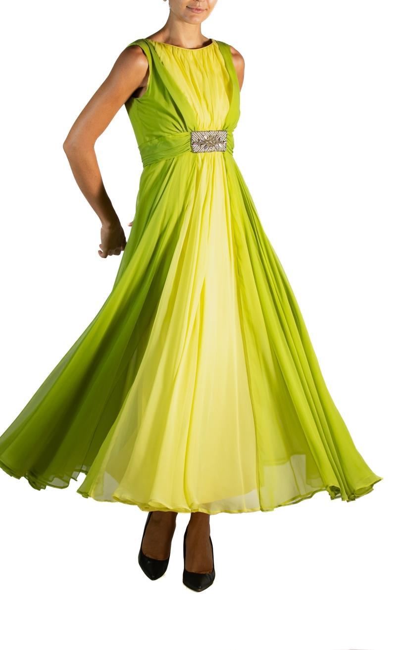 1960S Grass Green Silk Chiffon Gown With Beaded Belt For Sale 10