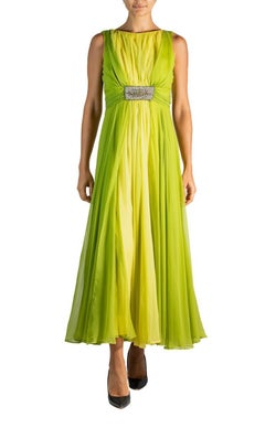 1960S Grass Green Silk Chiffon Gown With Beaded Belt