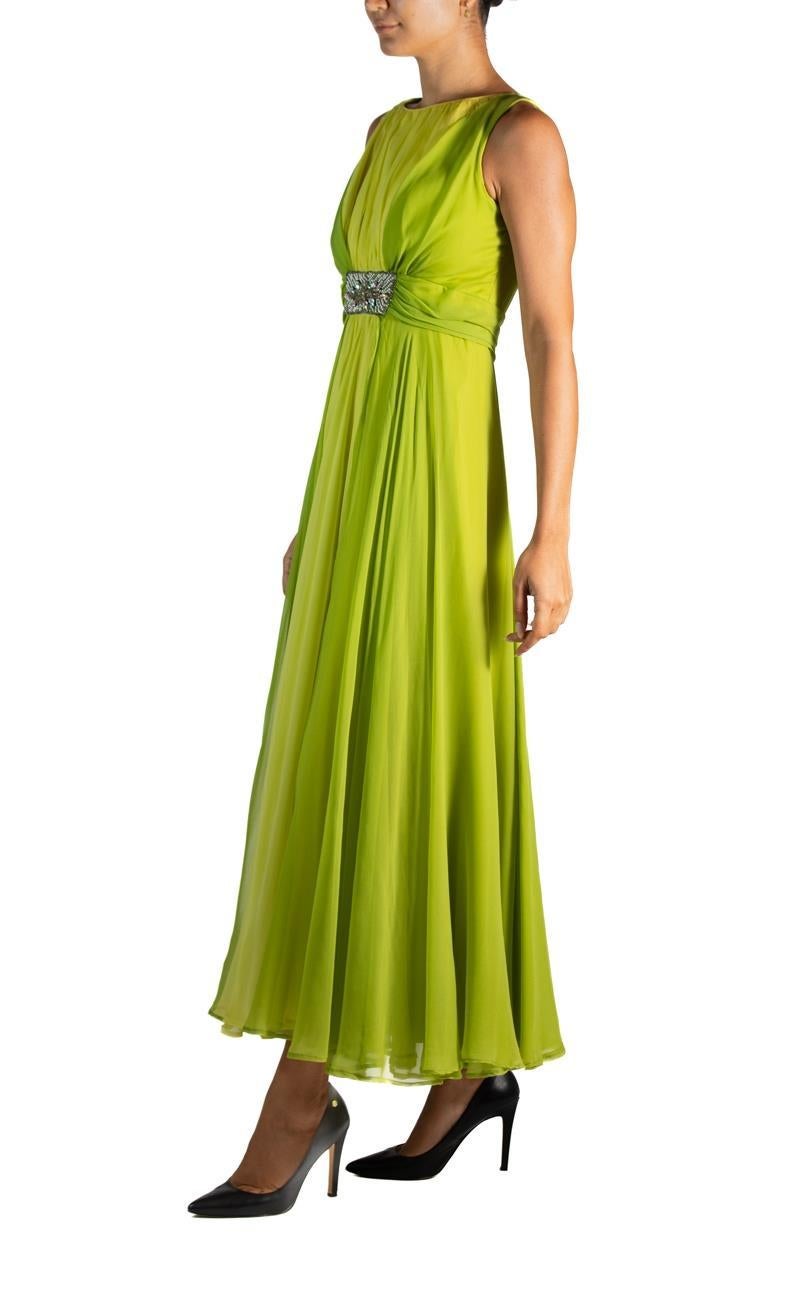 1960S Grass Green Silk Chiffon Gown With Beaded Belt In Excellent Condition For Sale In New York, NY