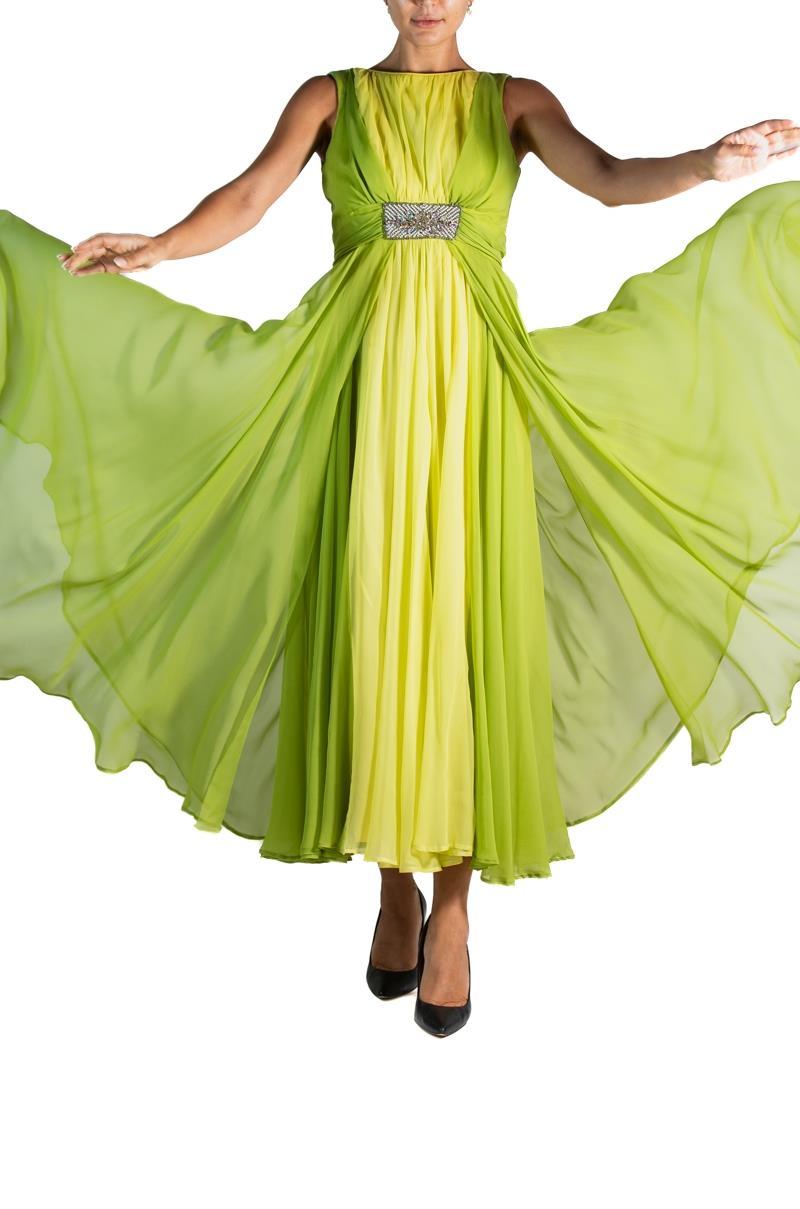 Women's 1960S Grass Green Silk Chiffon Gown With Beaded Belt For Sale