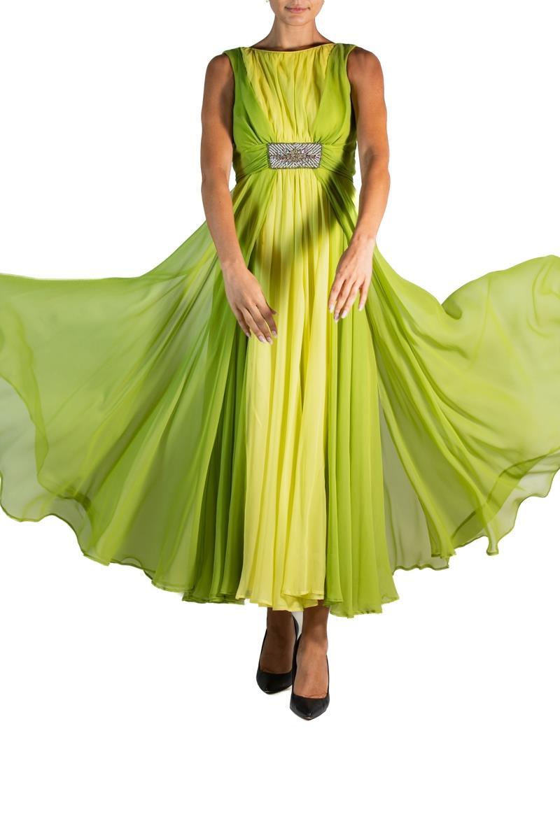 1960S Grass Green Silk Chiffon Gown With Beaded Belt For Sale 1