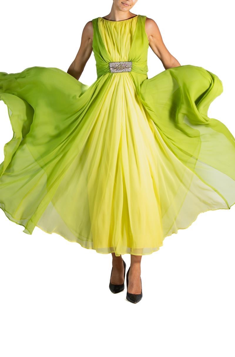 1960S Grass Green Silk Chiffon Gown With Beaded Belt For Sale 2