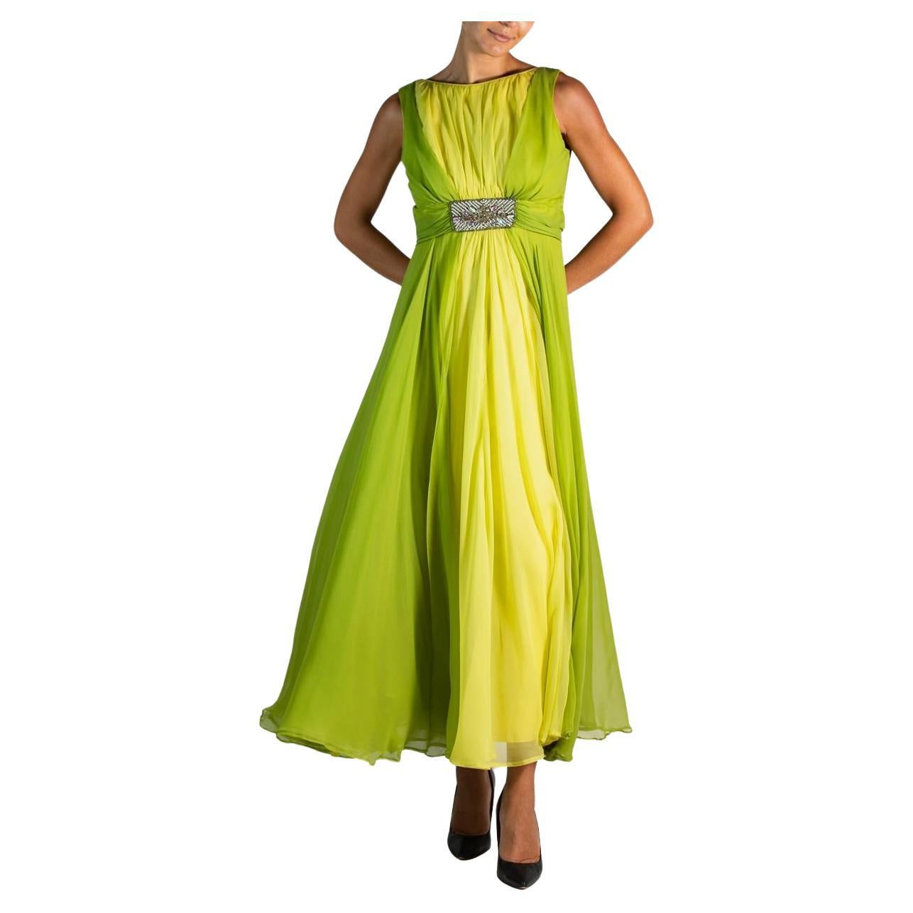 1960S Grass Green Silk Chiffon Gown With Beaded Belt For Sale