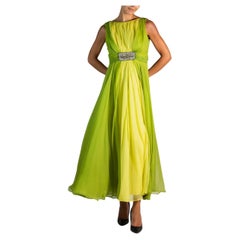 1960S Grass Green Silk Chiffon Gown With Beaded Belt