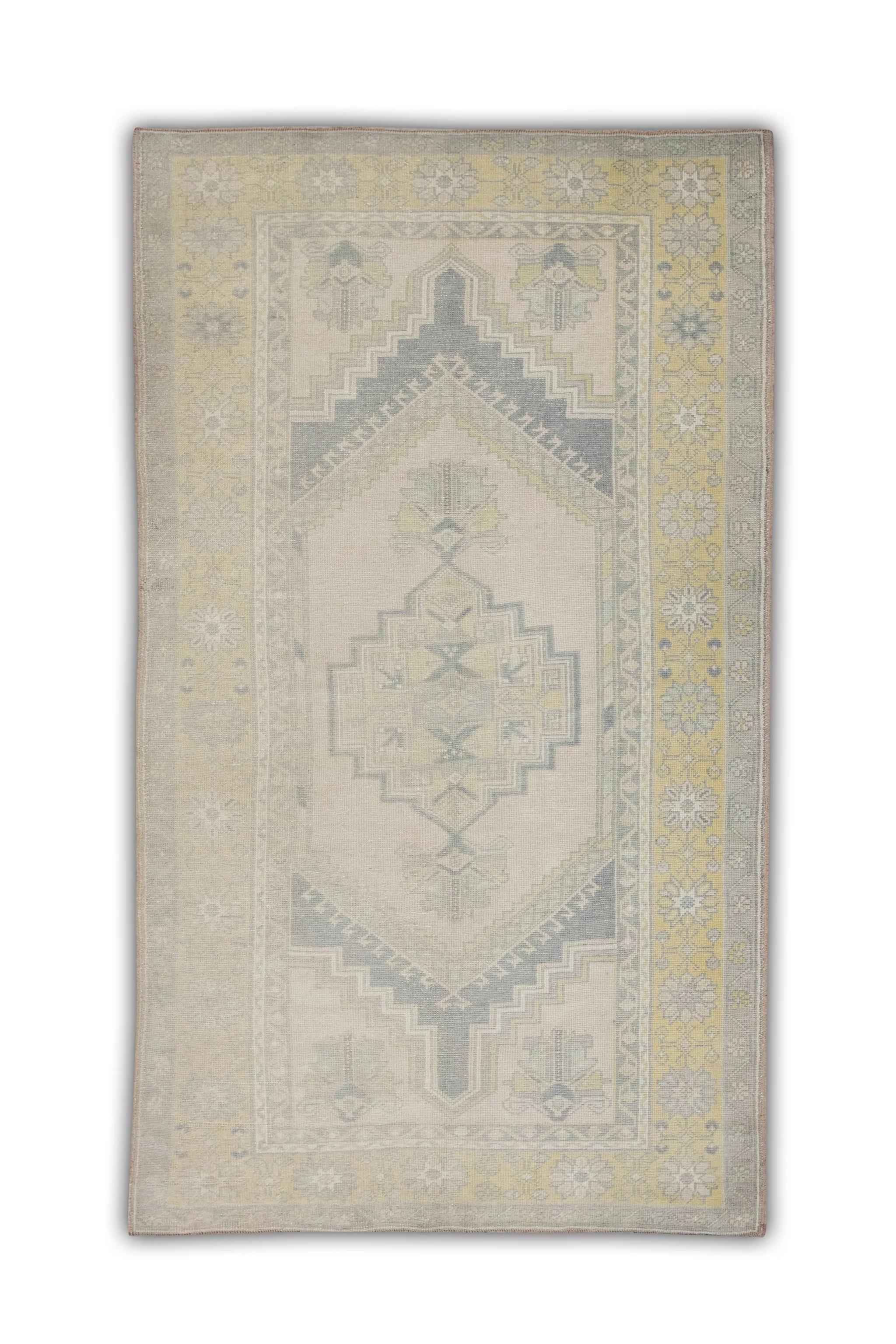 Wool 1960s Gray & Beige Vintage Turkish Rug 4' x 7'3
