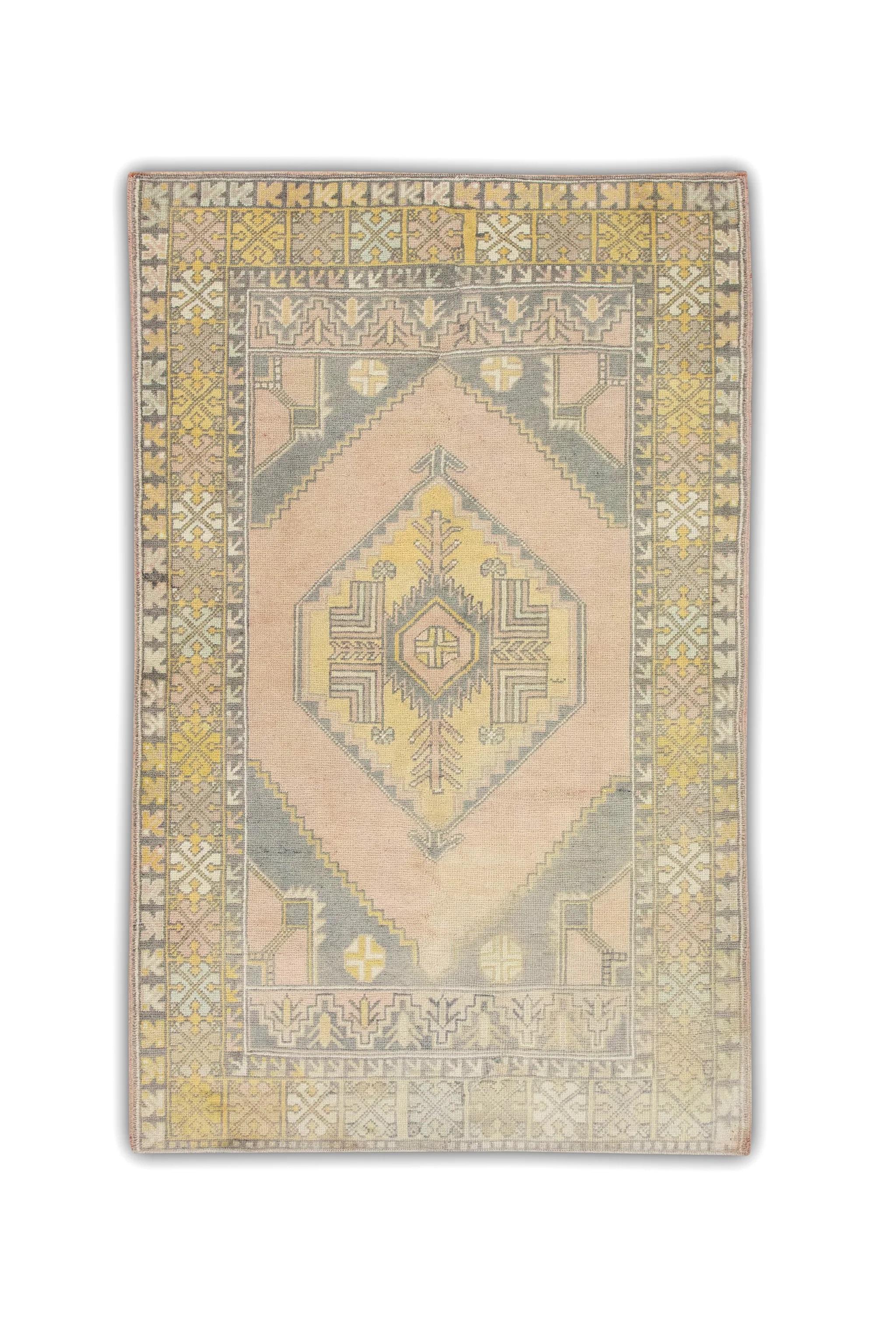 1960er Grau & Rosa Vintage Türkischer Teppich 3'10
