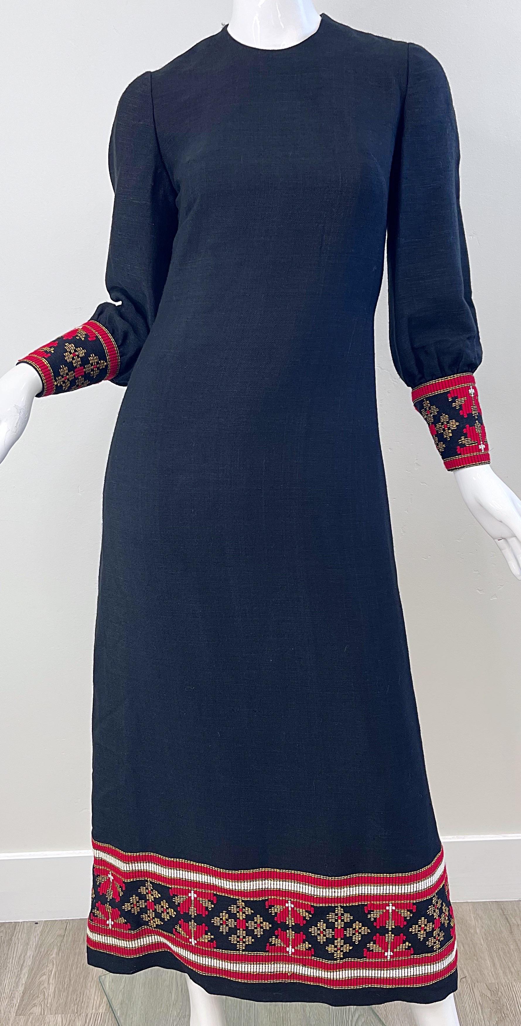 1960s Greek Levantis Athens Black Red Linen Vintage 60s Embroidered Maxi Dress For Sale 6