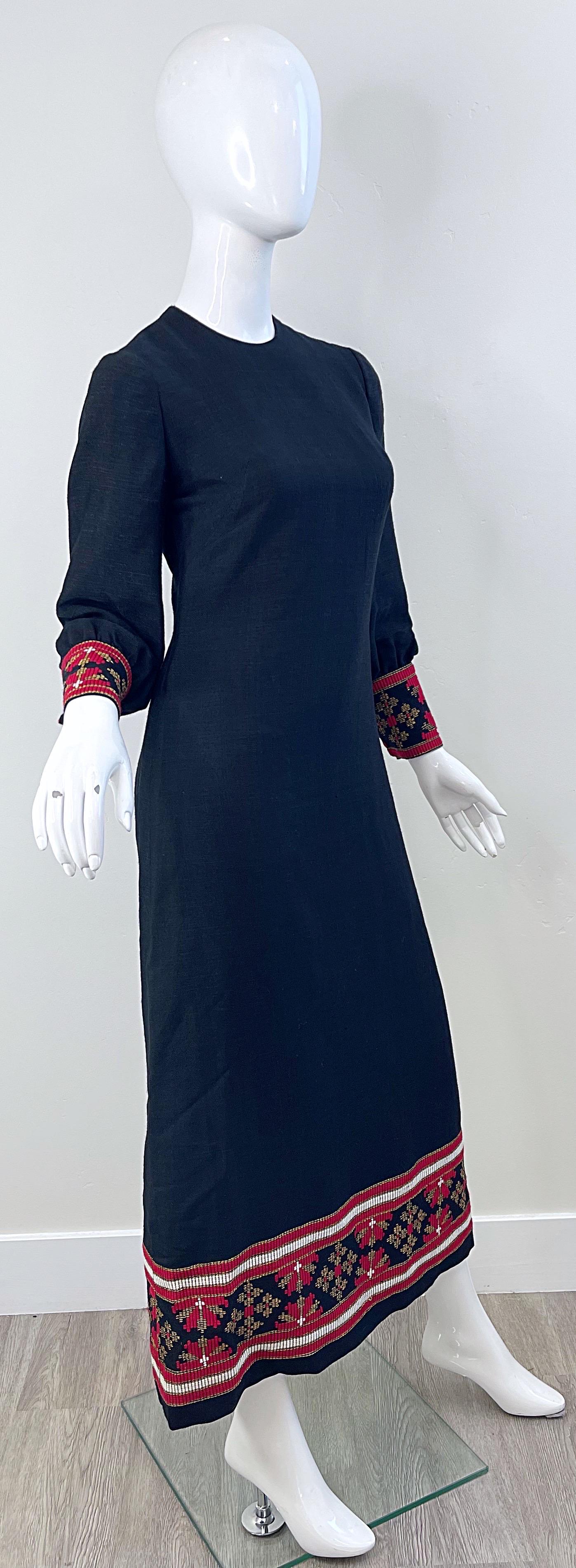 1960s Greek Levantis Athens Black Red Linen Vintage 60s Embroidered Maxi Dress For Sale 7