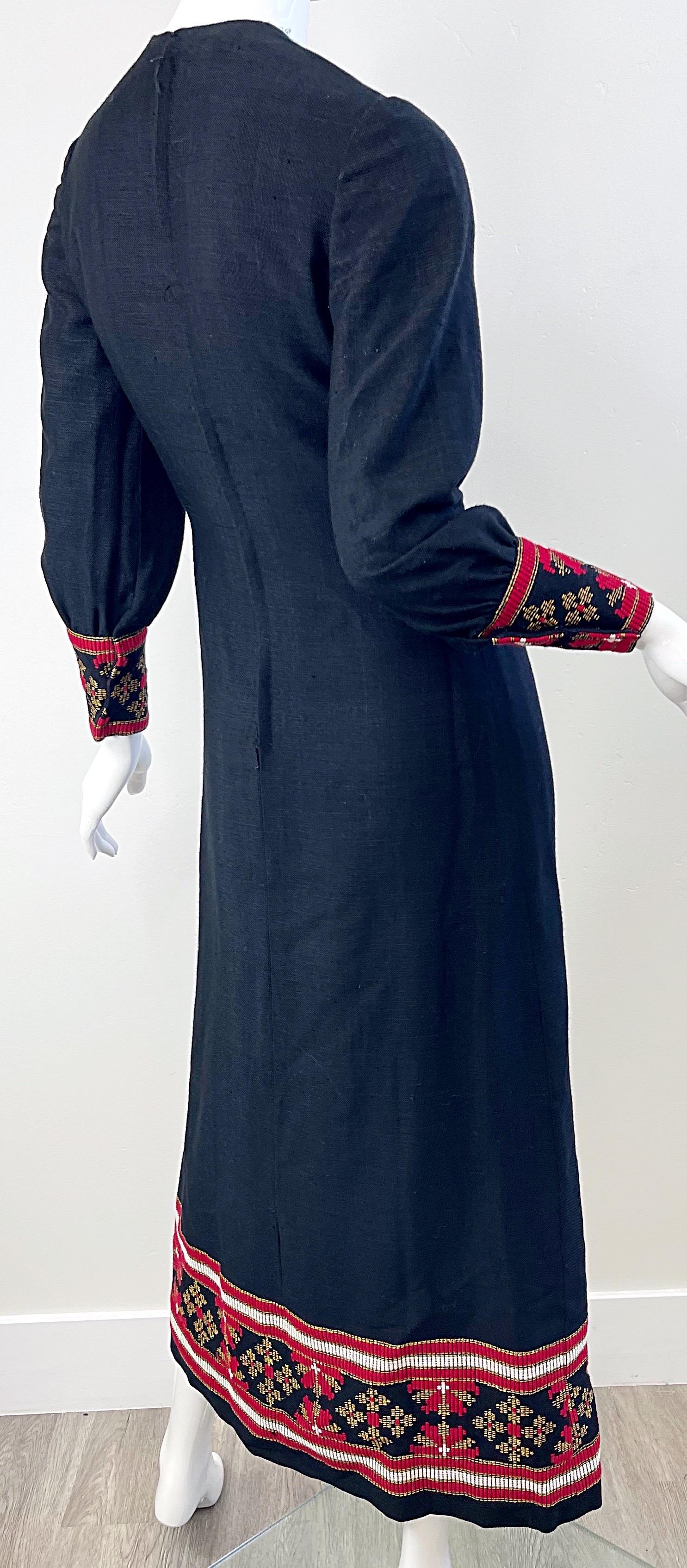 1960s Greek Levantis Athens Black Red Linen Vintage 60s Embroidered Maxi Dress For Sale 8