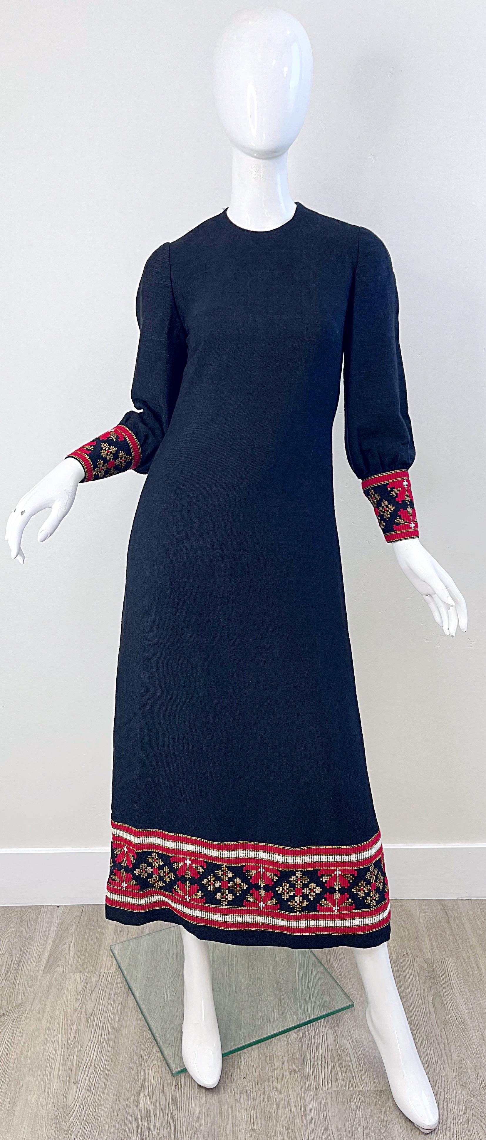 1960s Greek Levantis Athens Black Red Linen Vintage 60s Embroidered Maxi Dress For Sale 9