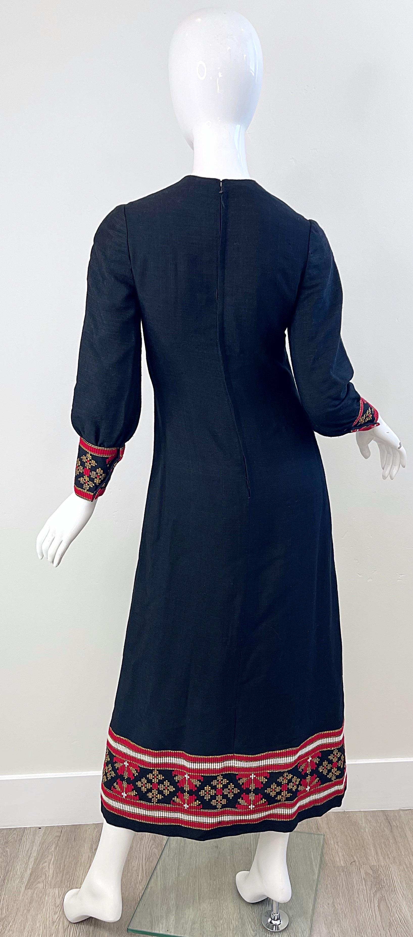 1960s Greek Levantis Athens Black Red Linen Vintage 60s Embroidered Maxi Dress For Sale 10