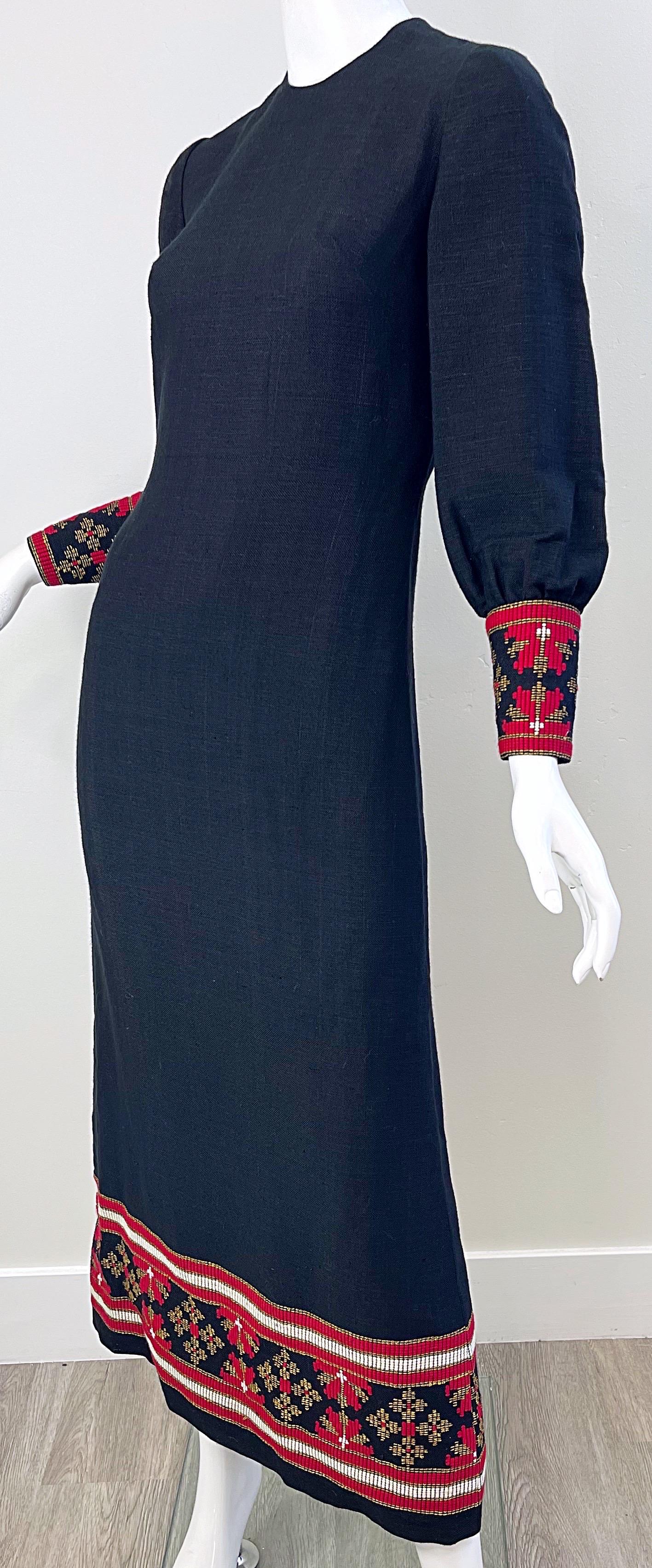 1960s Greek Levantis Athens Black Red Linen Vintage 60s Embroidered Maxi Dress For Sale 11