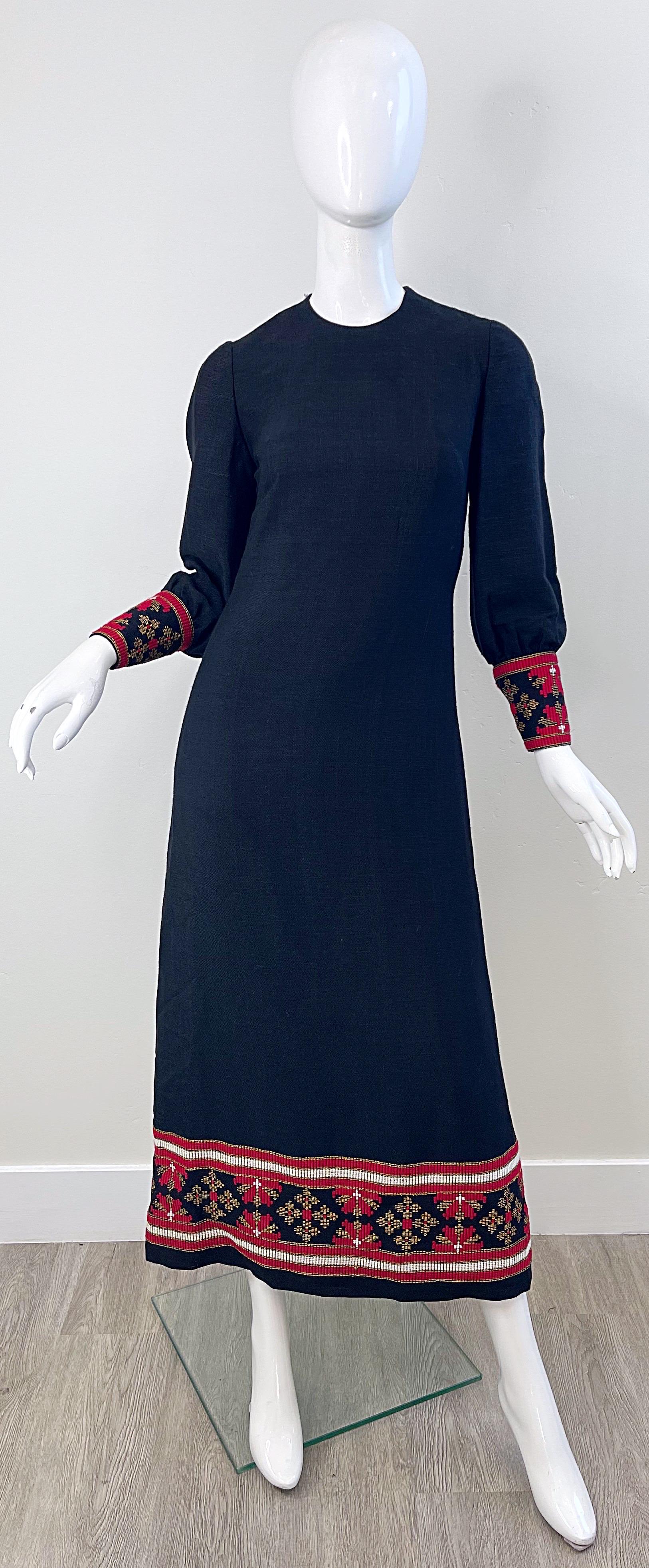 1960s Greek Levantis Athens Black Red Linen Vintage 60s Embroidered Maxi Dress For Sale 12