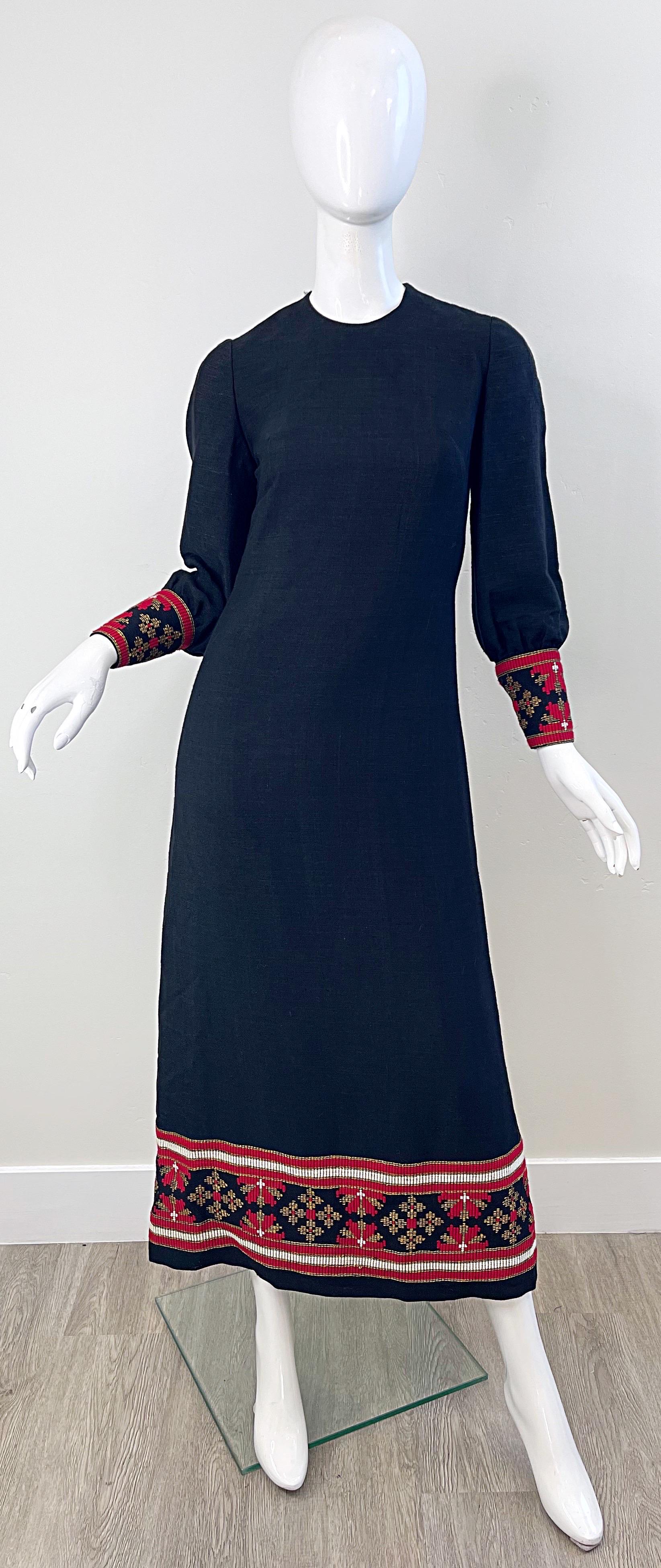 1960s Greek Levantis Athens Black Red Linen Vintage 60s Embroidered Maxi Dress In Excellent Condition For Sale In San Diego, CA