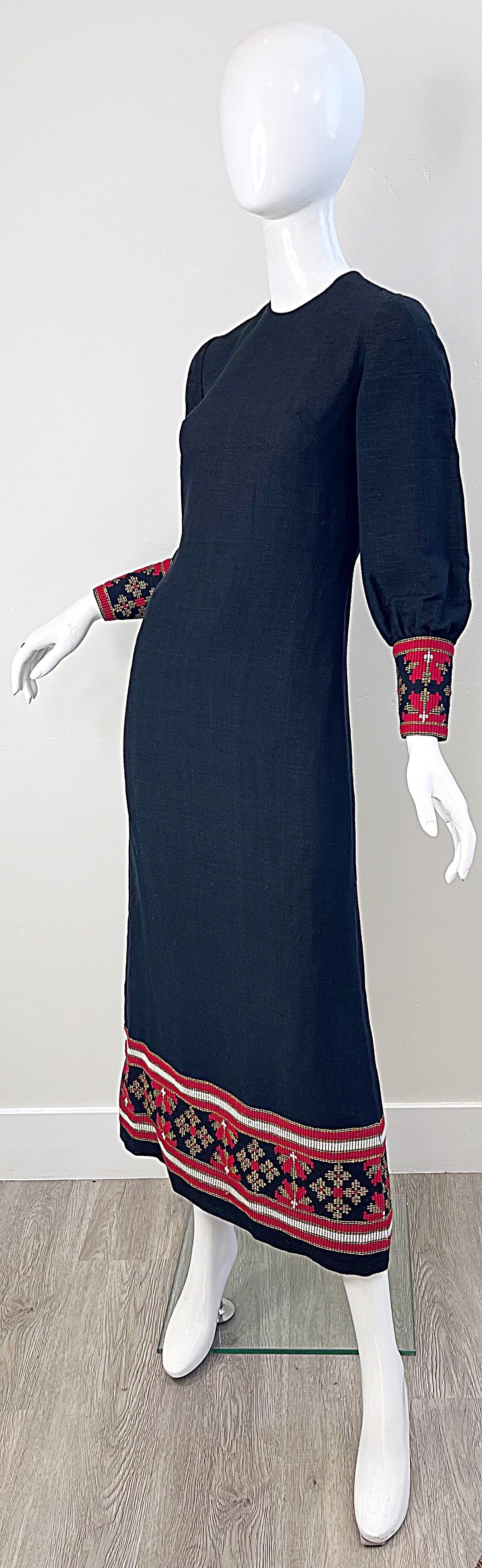 1960s Greek Levantis Athens Black Red Linen Vintage 60s Embroidered Maxi Dress For Sale 1