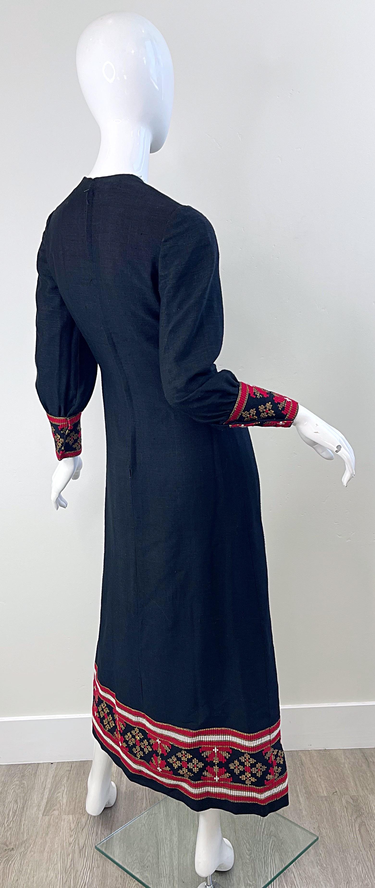 1960s Greek Levantis Athens Black Red Linen Vintage 60s Embroidered Maxi Dress For Sale 3