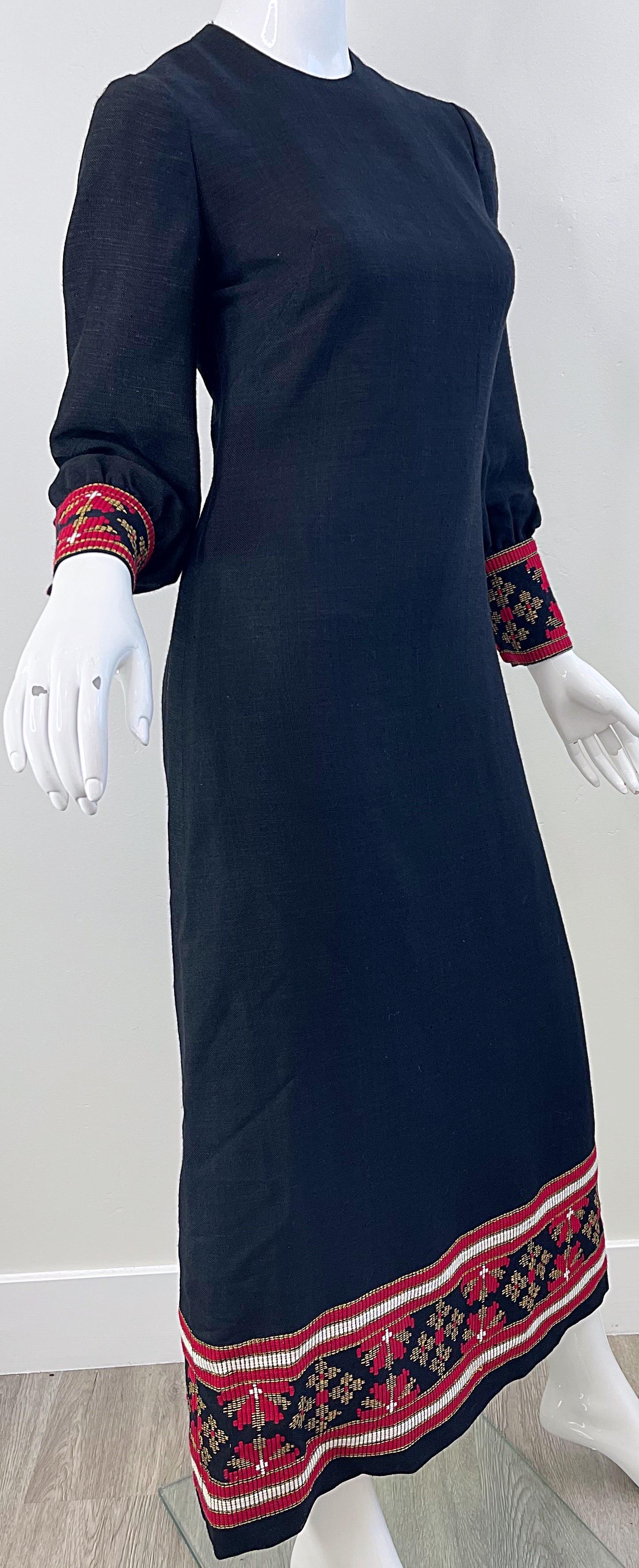1960s Greek Levantis Athens Black Red Linen Vintage 60s Embroidered Maxi Dress For Sale 4