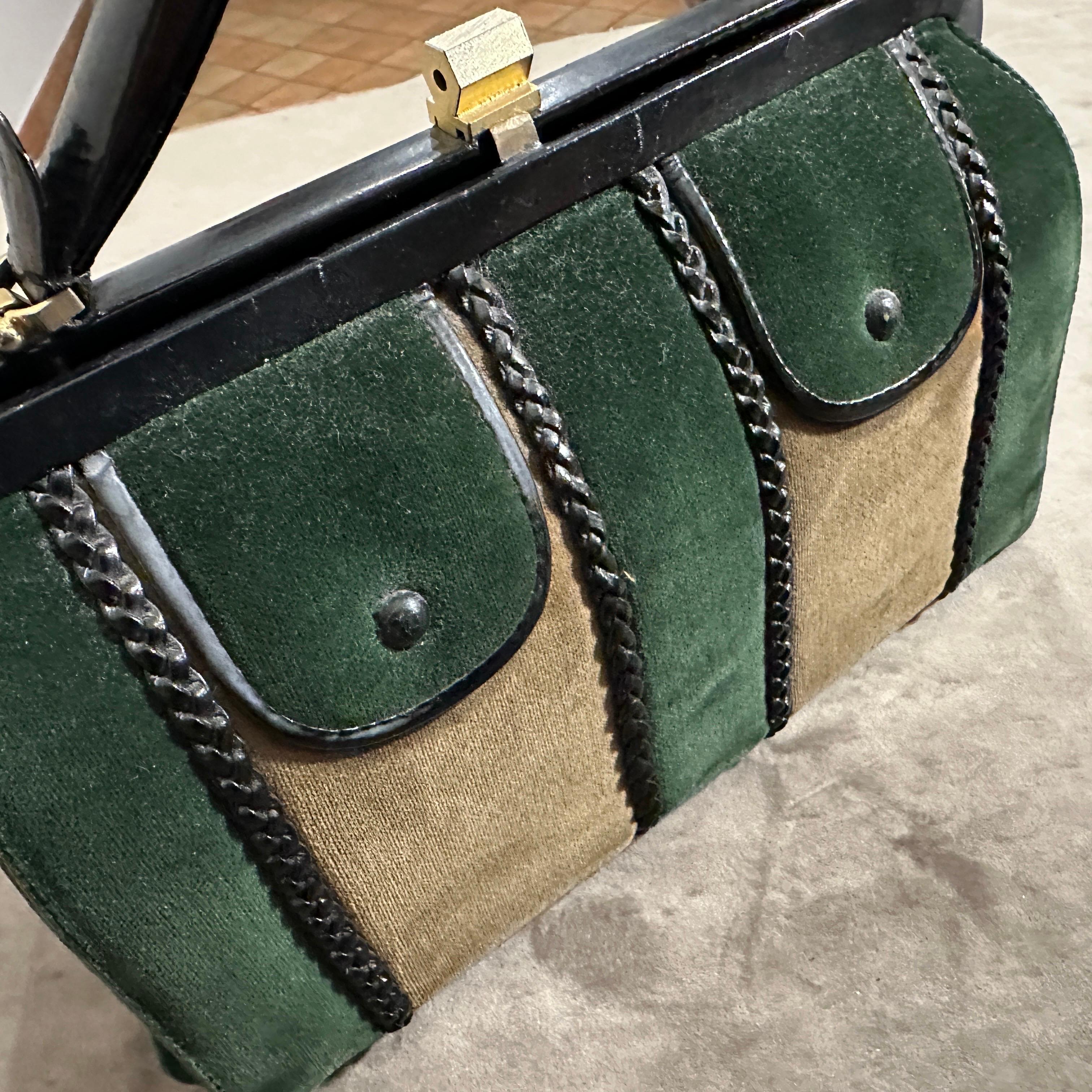Noir 1960s Green and Brown Suede and Black Leather Italian Top Handle Bag en vente