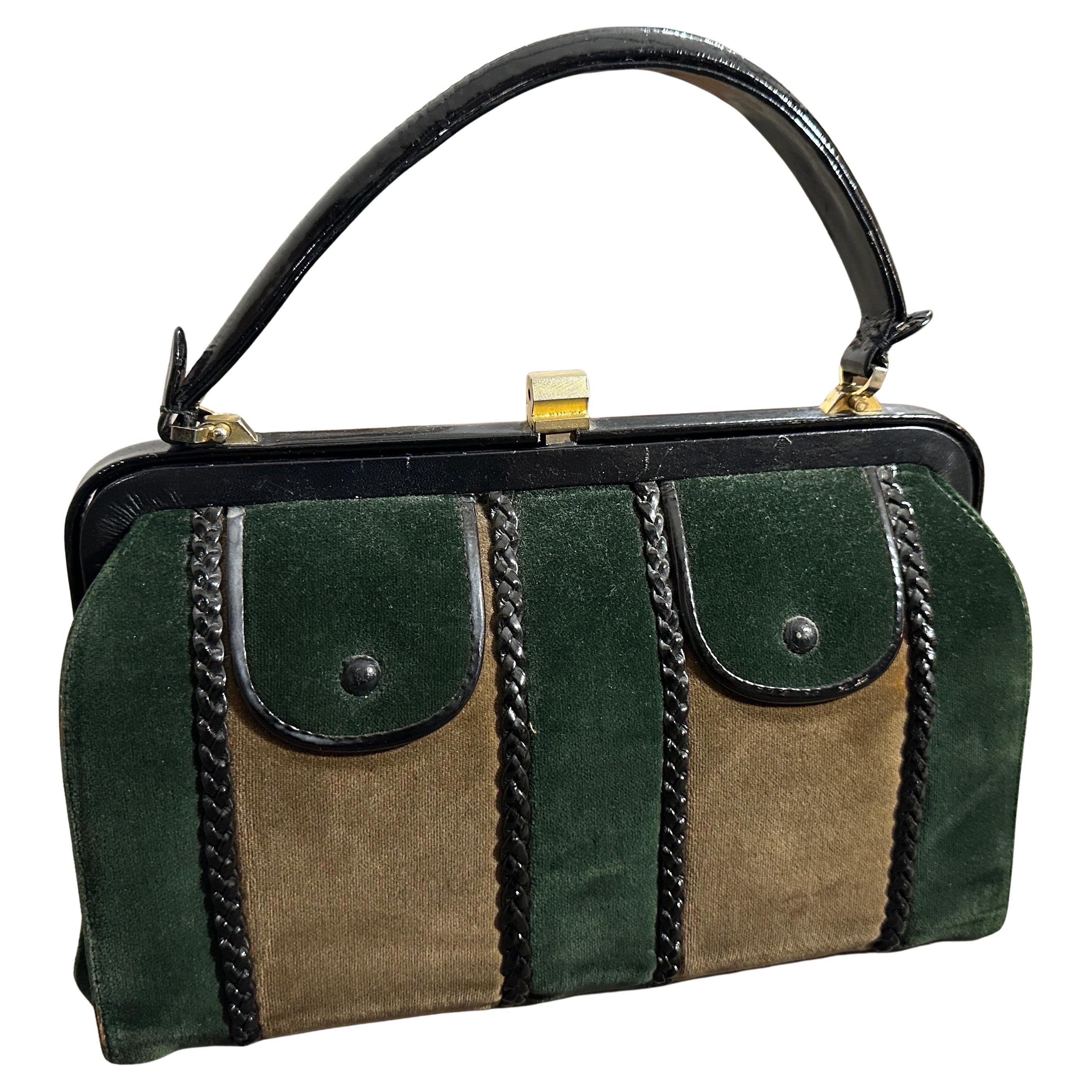 Borsa con manico superiore in pelle italiana Greene & Greene & Greene, marrone e nera, anni '60