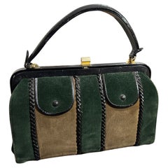 1960s Green and Brown Suede and Black Leather Italian Top Handle Bag
