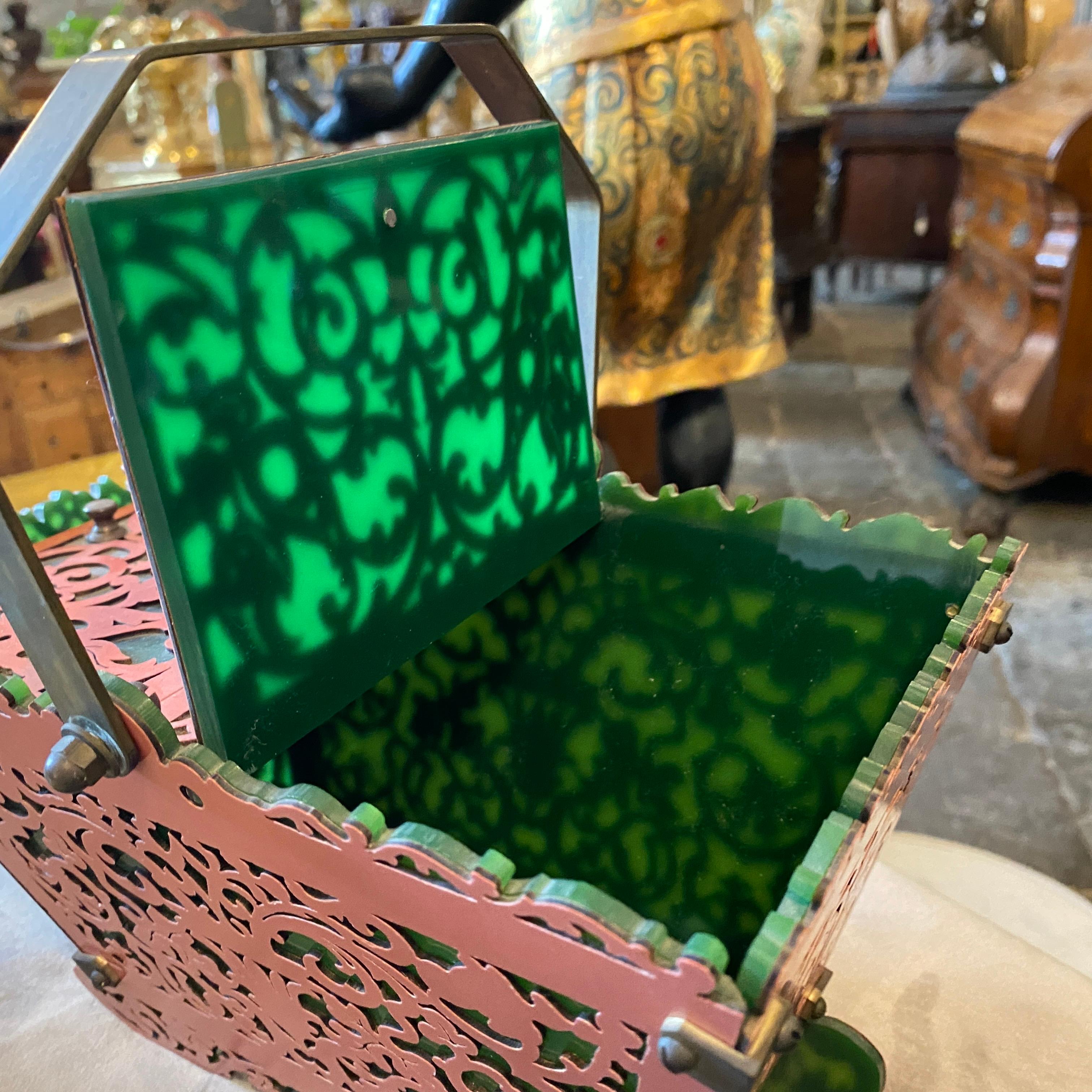 Baroque 1960s Green and Pink Plexiglass and Brass Italian Basket For Sale