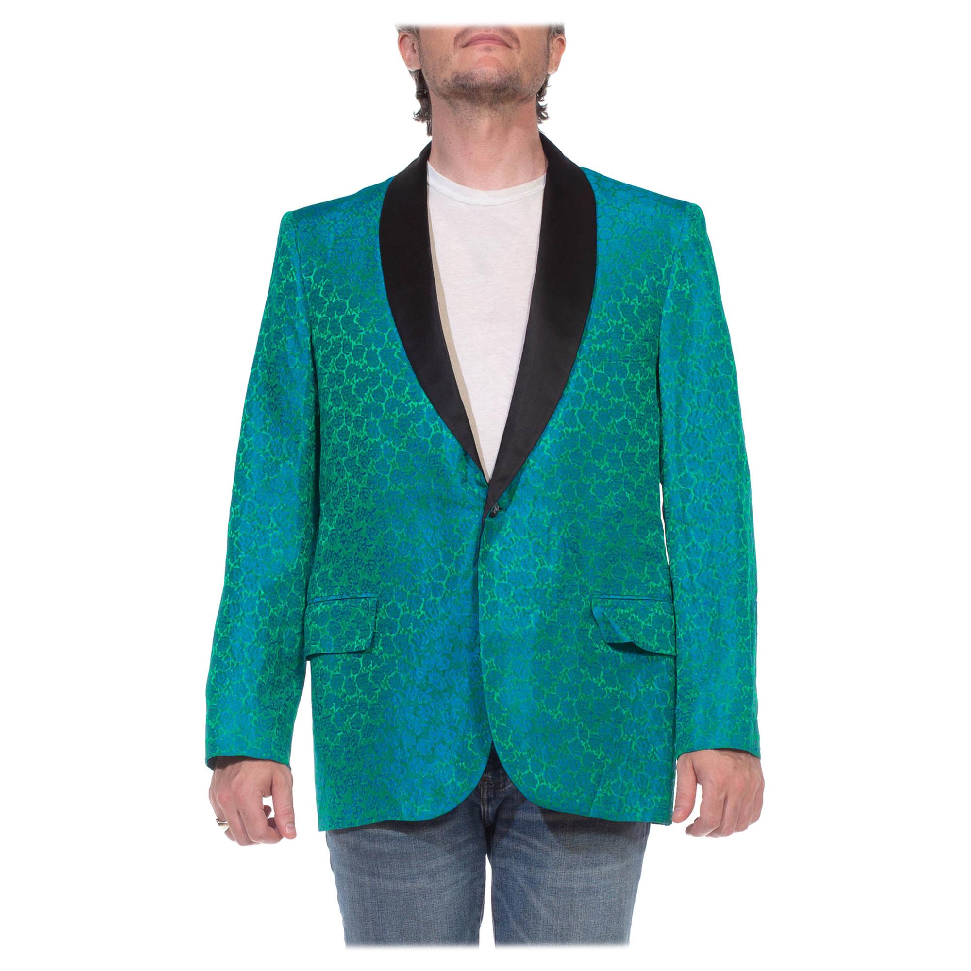 1960S Green and Blue Silk Jacket With Taffeta Shawl Collar at 1stDibs