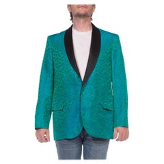 1960S Green & Blue Silk Jacket With Taffeta Shawl Collar